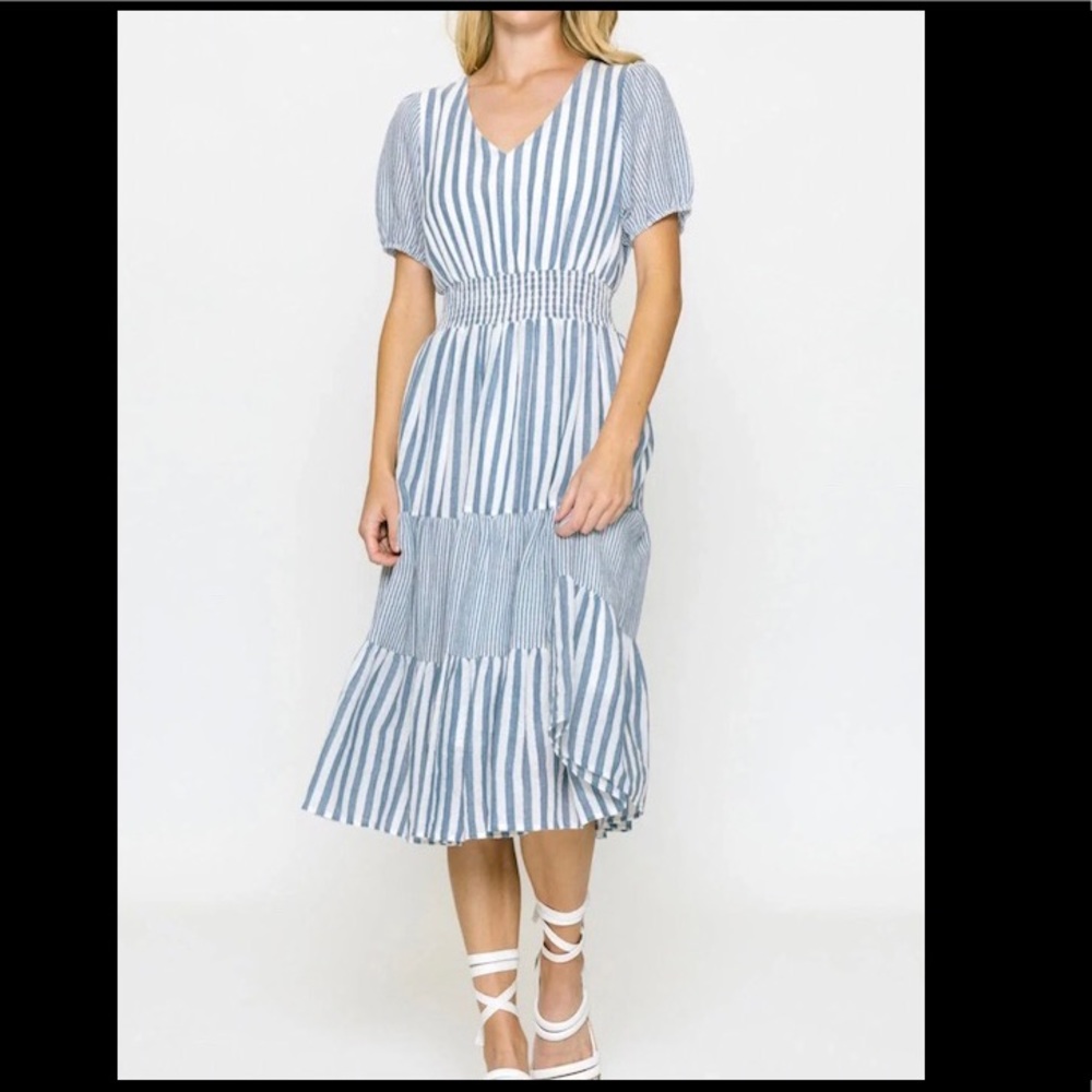 Blue & white vertical stripe midi dress by Koo de Ker seen on the Food Nanny